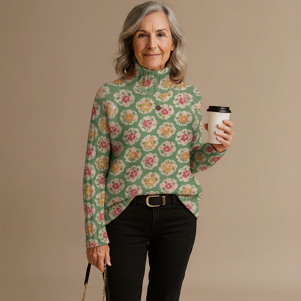 Beatrice | Women's Lovely Floral Art Print Knit Turtleneck Pullover Sweater