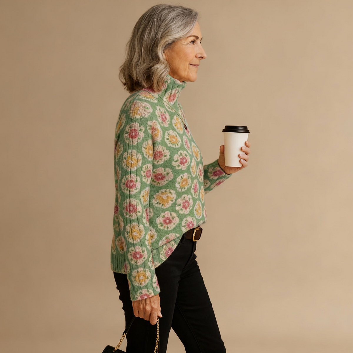 Beatrice | Women's Lovely Floral Art Print Knit Turtleneck Pullover Sweater
