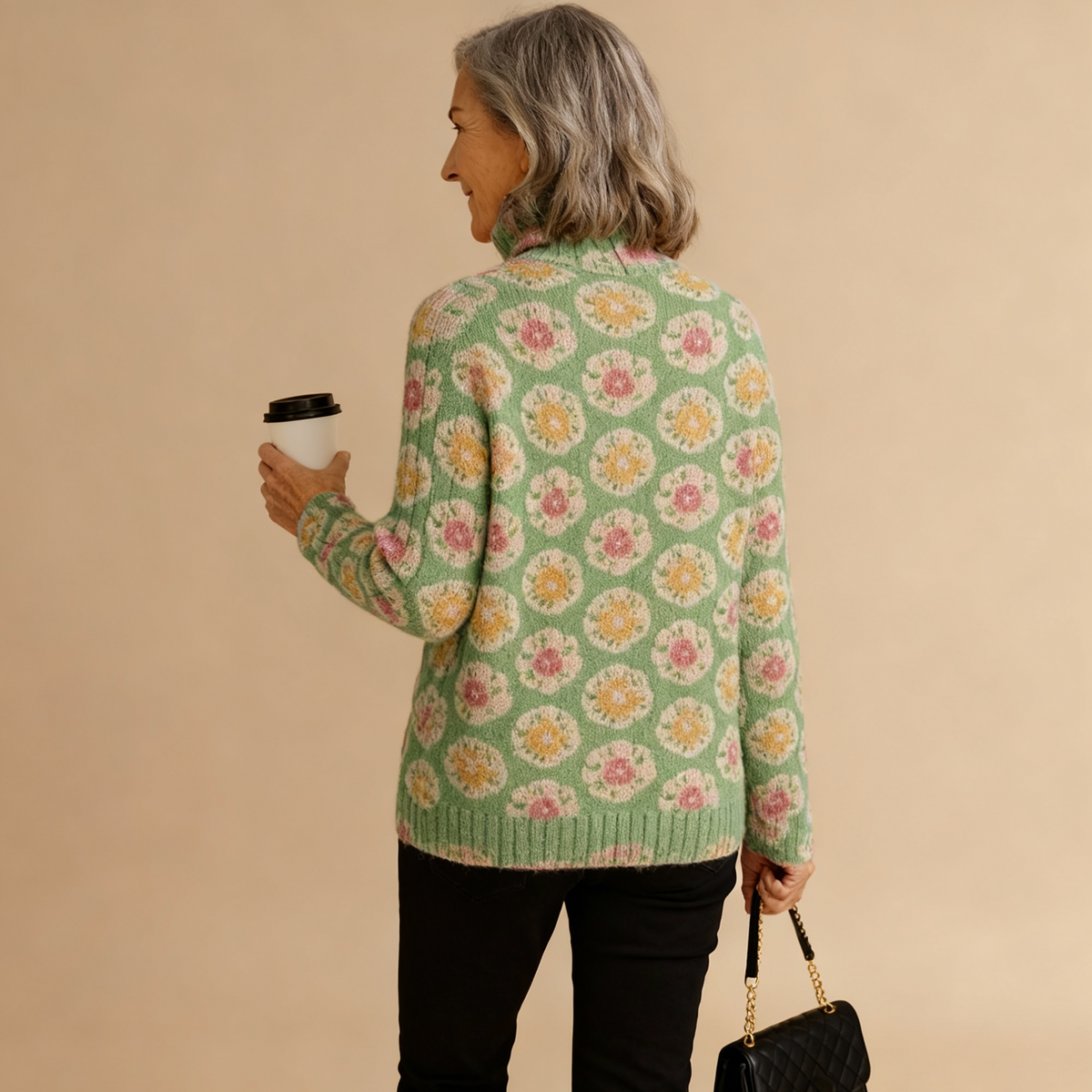 Beatrice | Women's Lovely Floral Art Print Knit Turtleneck Pullover Sweater