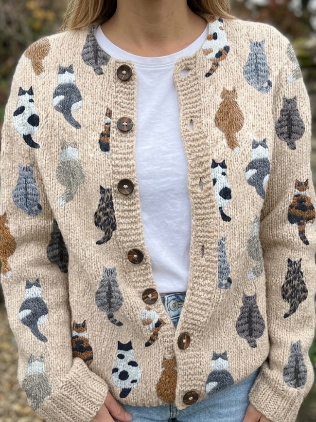Lottara | Cozy Cat Print Cardigan