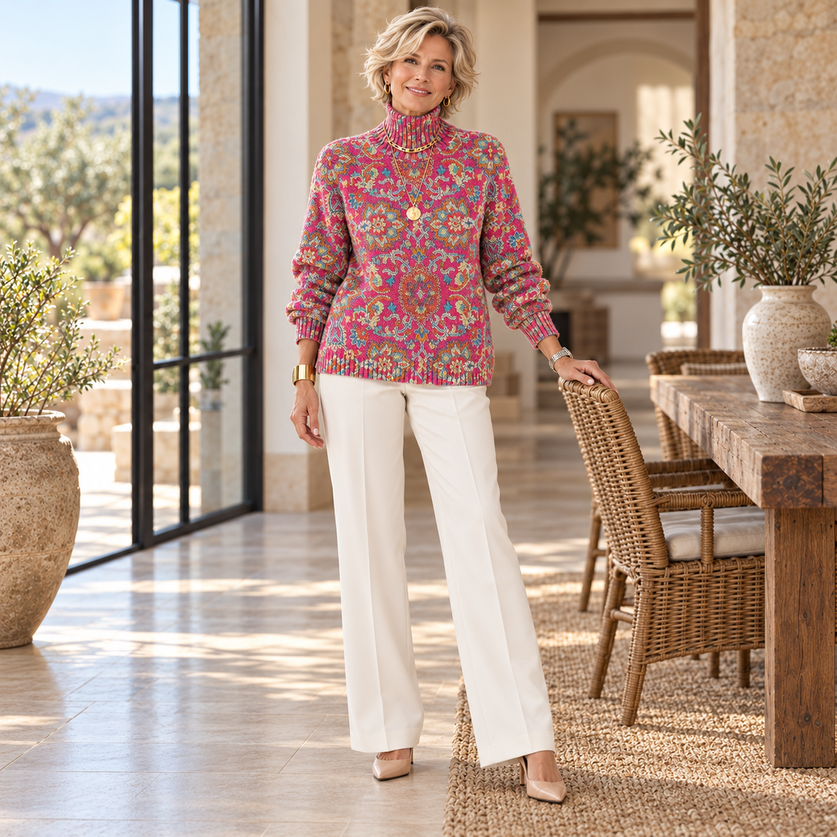 Isla | Retro Floral Turtleneck Knit Sweater