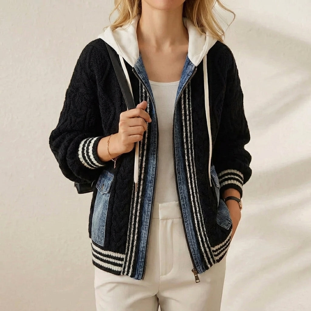Candice – Structured Denim Stripe Zip Hoodie