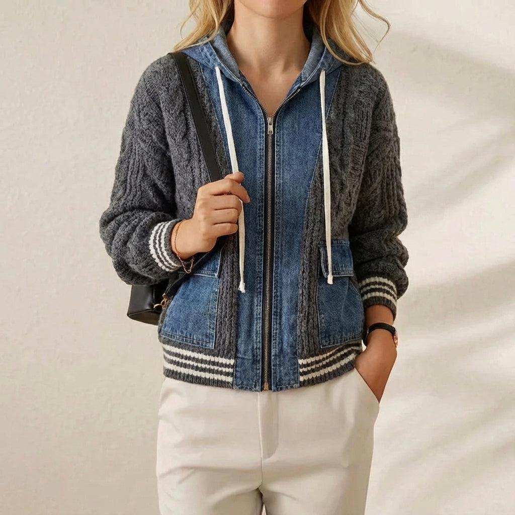 Candice – Structured Denim Stripe Zip Hoodie