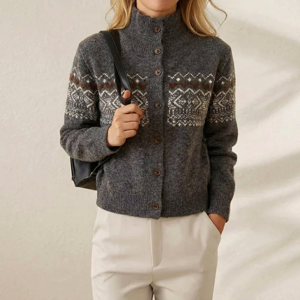 Portia – Fair Isle Mock-Neck Button Cardigan