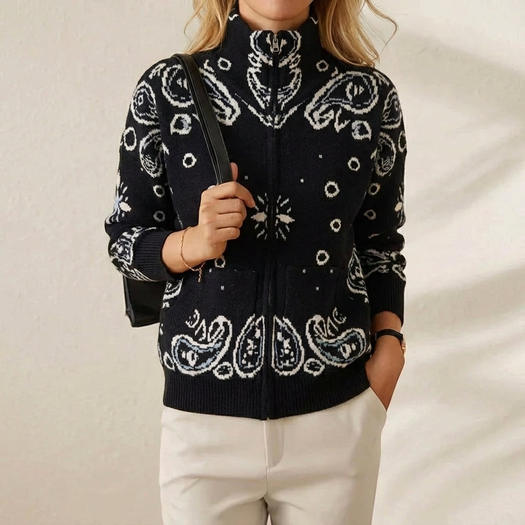 Miranda – Paisley Print Zip-Up Knit Jacket