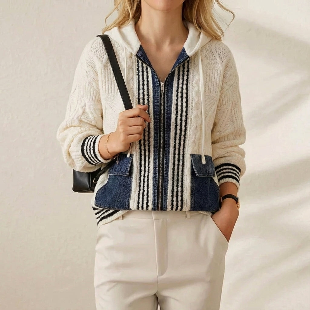 Candice – Structured Denim Stripe Zip Hoodie