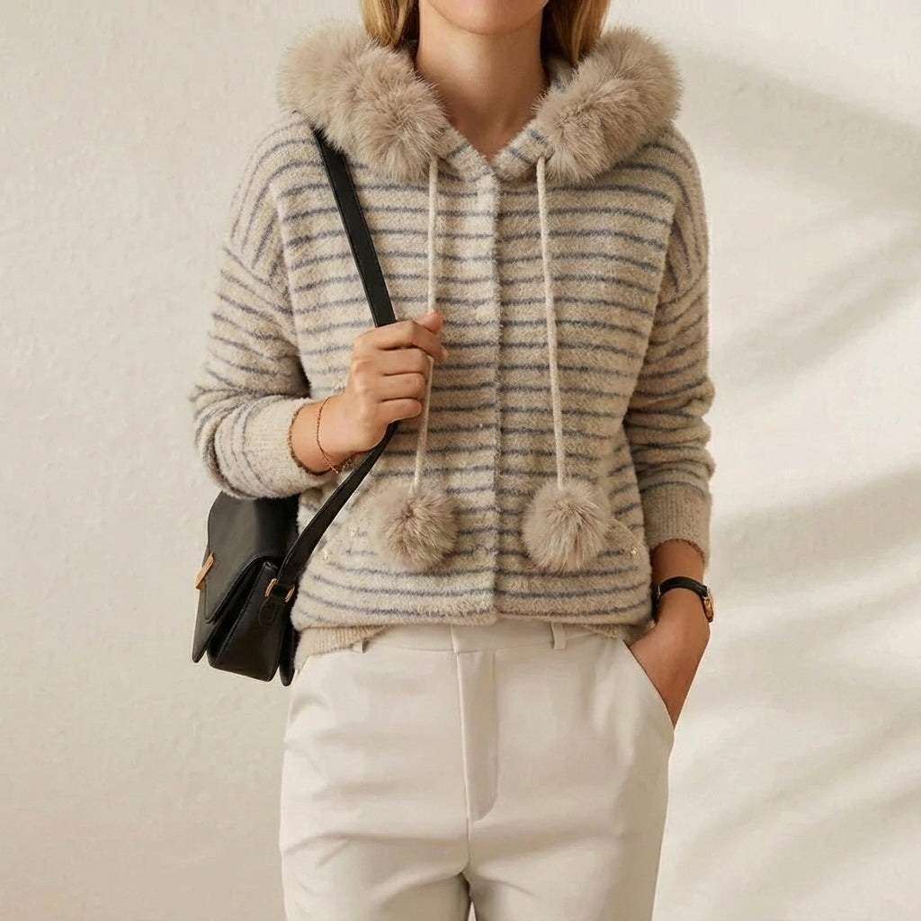 Cassandra – Striped Faux Fur Hood Zip-Up Knit Jacket