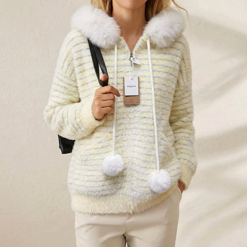 Cassandra – Striped Faux Fur Hood Zip-Up Knit Jacket