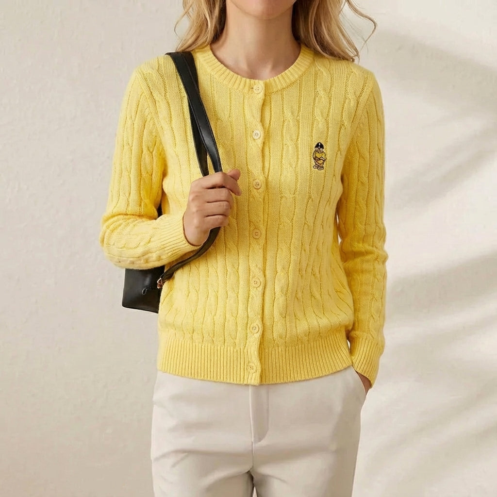 Cheryl – Cable Knit Bear Embroidered Button Cardigan
