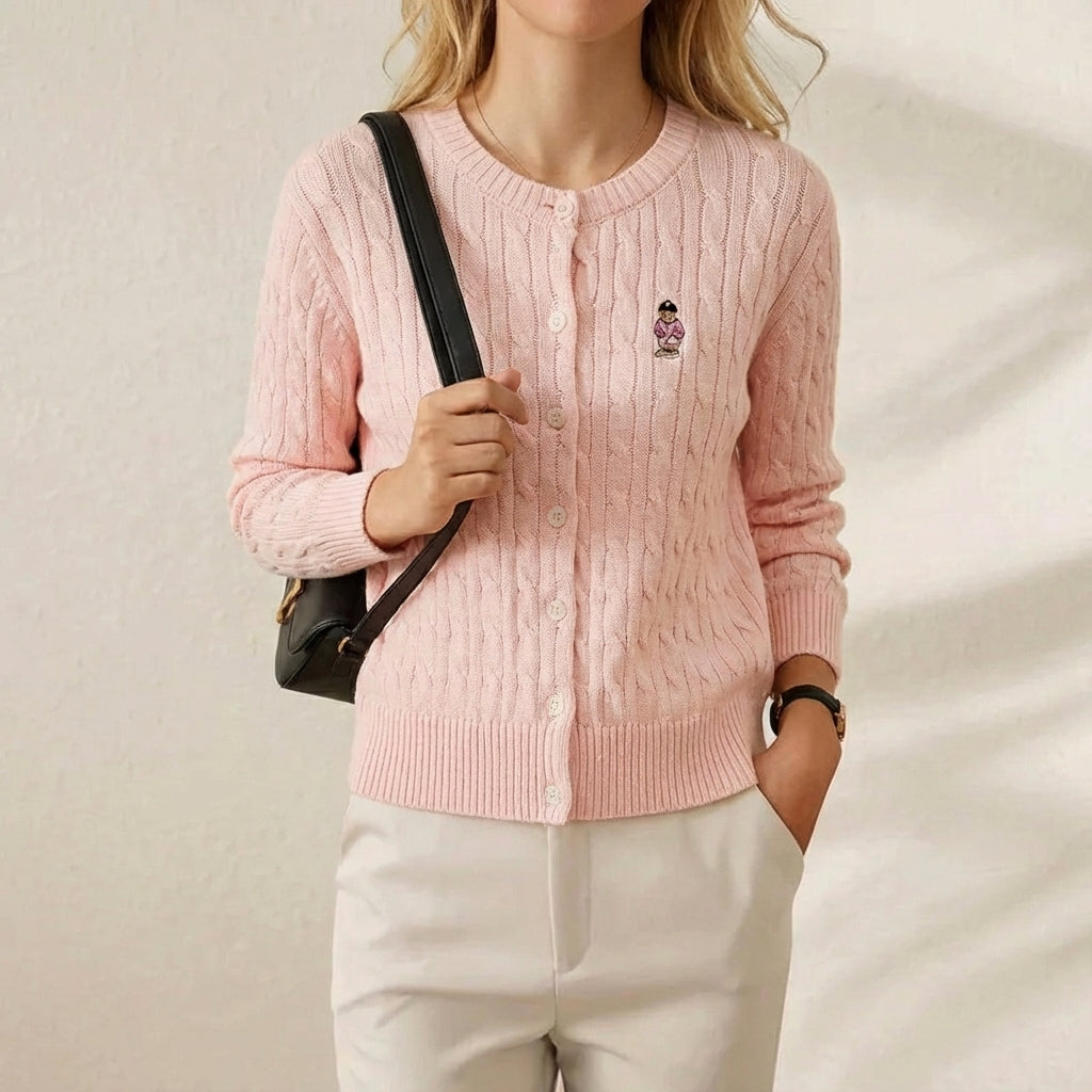 Cheryl – Cable Knit Bear Embroidered Button Cardigan
